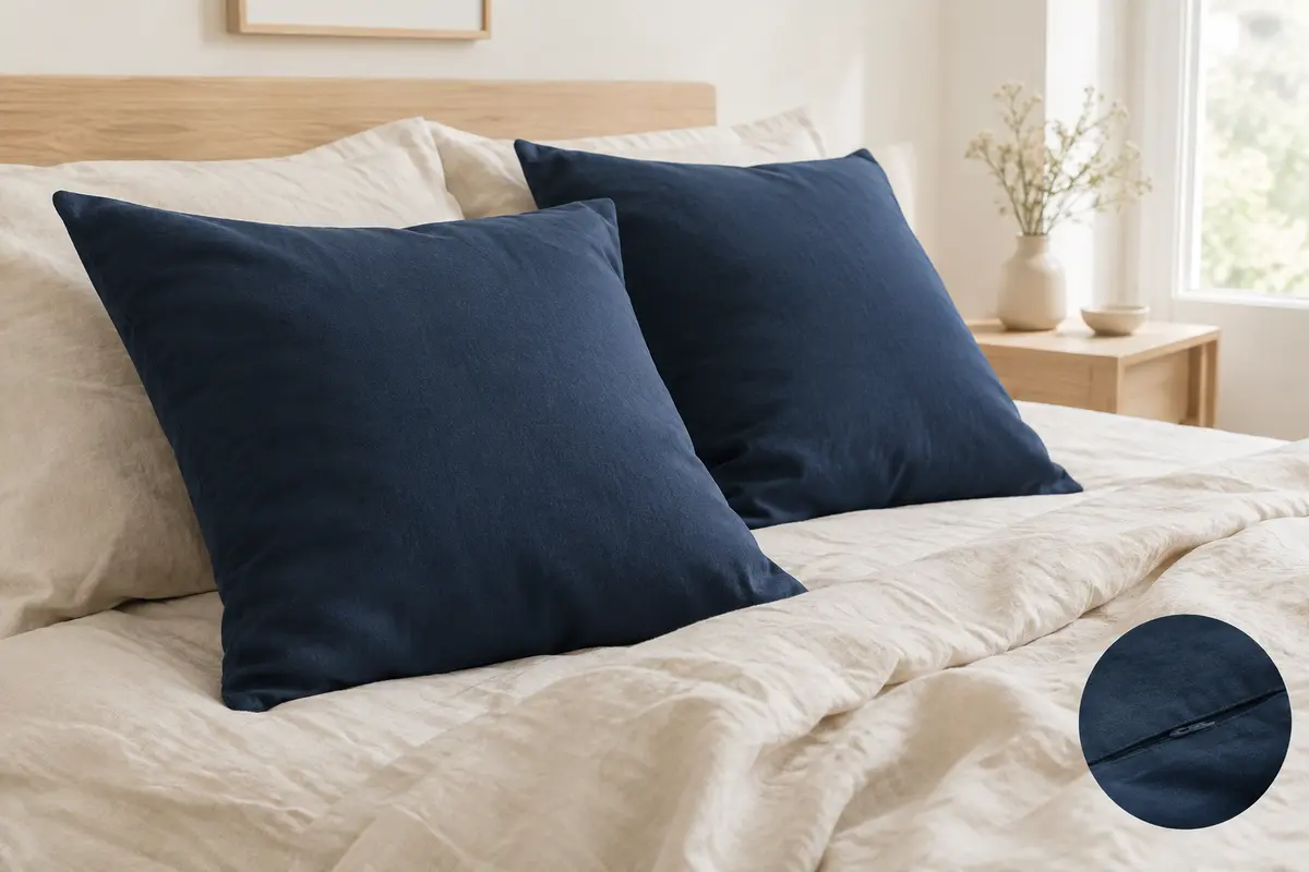 Deux housses de coussin carrées bleu foncé en coton, posées sur un lit clair avec une fermeture discrète.