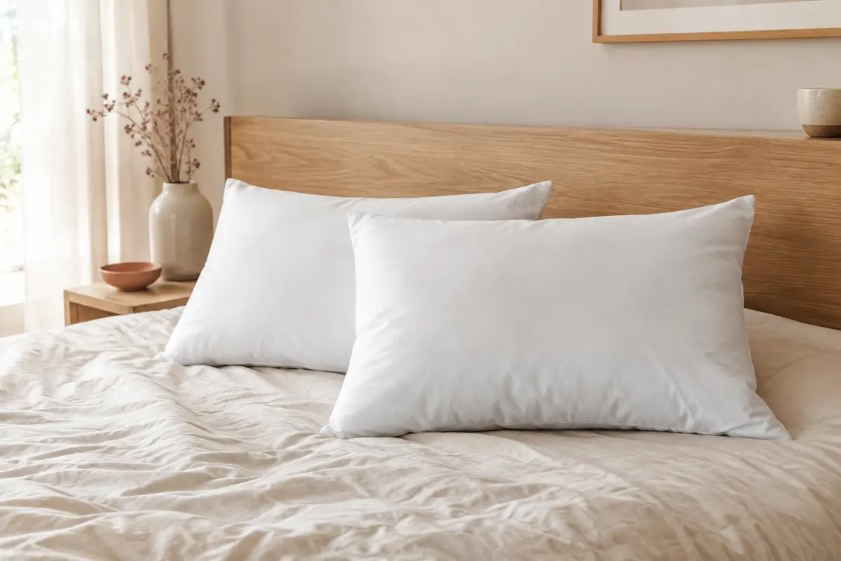 Deux oreillers blancs rectangulaires en microfibre posés sur un lit clair dans une chambre lumineuse.
