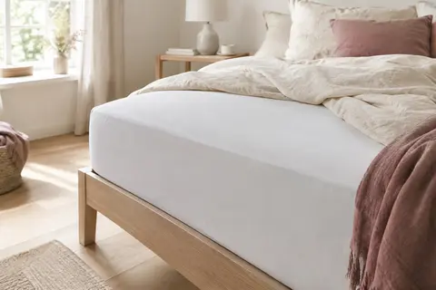 Protège-matelas blanc Flowen ajusté sur un matelas dans une chambre lumineuse aux tons doux.