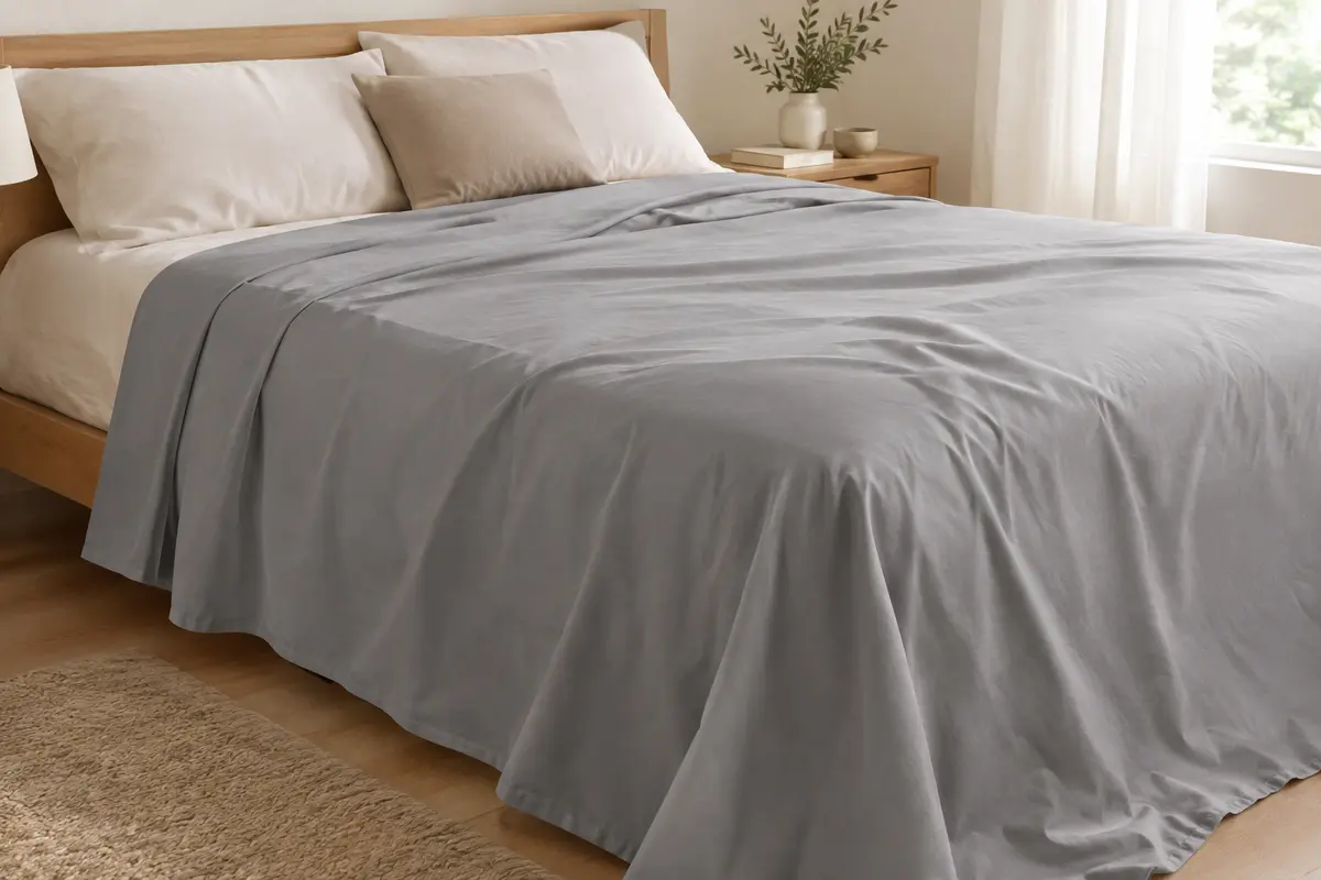 Drap plat uni en coton gris argenté posé sur un lit dans une chambre lumineuse et épurée.