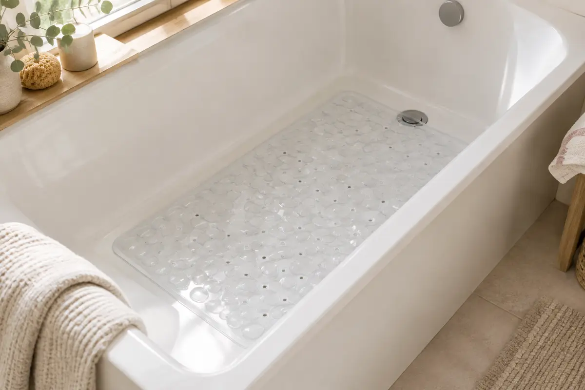 Tapis de baignoire rectangulaire transparent en PVC, posé au fond d’une baignoire claire