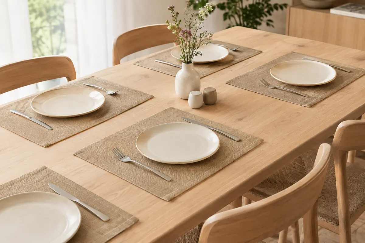 Six sets de table rectangulaires en polyester effet lin, teinte toile de jute, disposés sur une table claire.