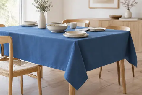 Nappe rectangulaire bleue unie en polyester, dressée sur une table en bois clair dans une salle à manger lumineuse.