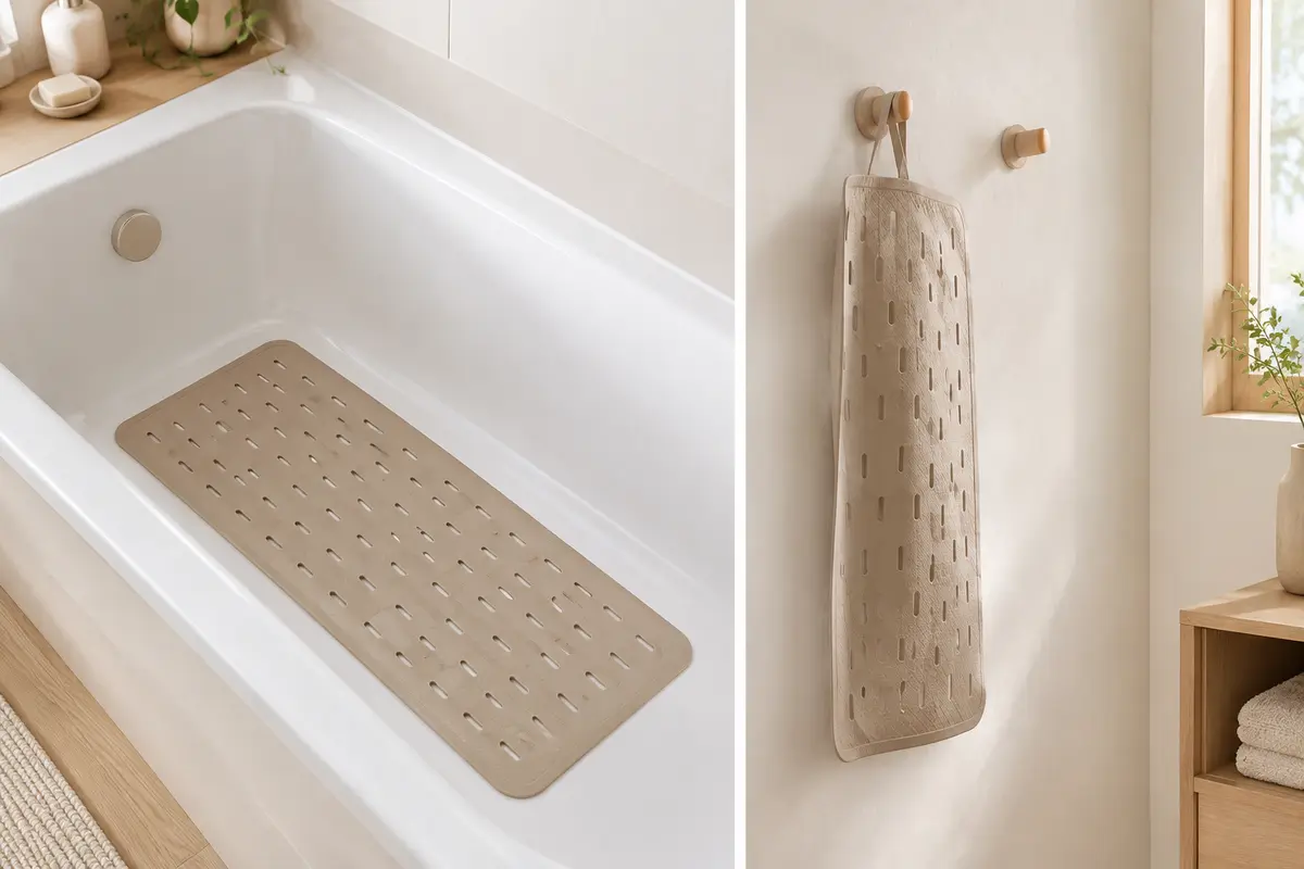 Tapis de baignoire rectangulaire en PVC sable, avec ouvertures et deux crochets de séchage dans une salle de bain claire.