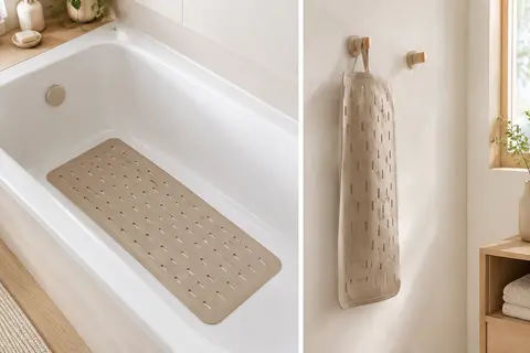 Tapis de baignoire rectangulaire en PVC sable, avec ouvertures et deux crochets de séchage dans une salle de bain claire.