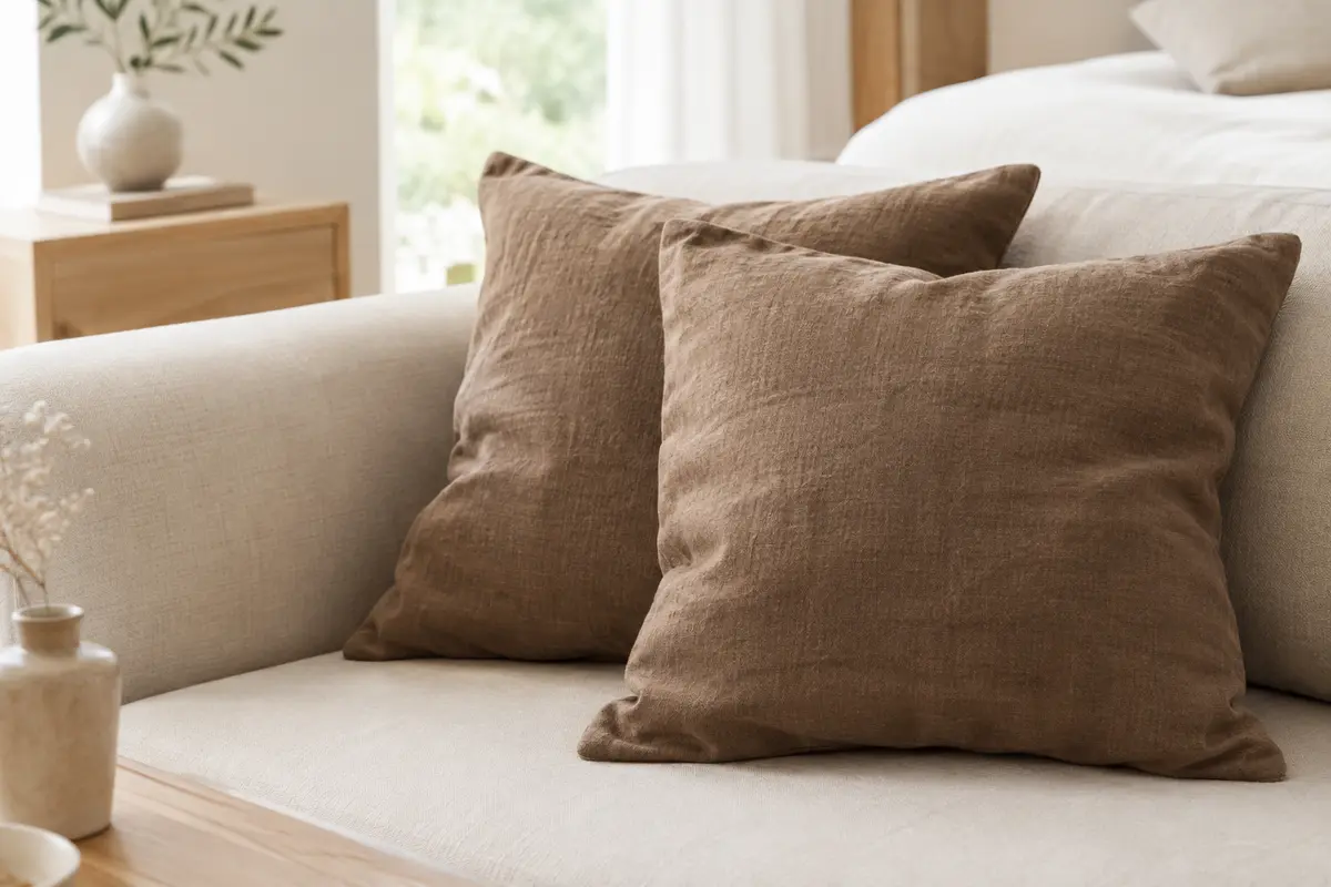 Deux housses de coussin marron en coton et lin posées sur un canapé dans une pièce lumineuse.