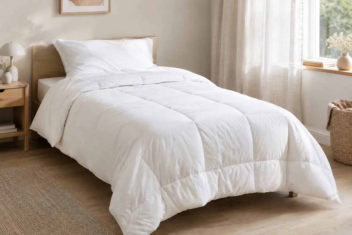Couette blanche Linenspa en microfibre, format une personne, étendue sur un lit dans une chambre lumineuse.