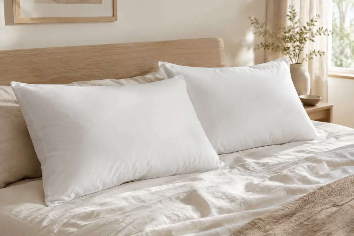 Deux oreillers Linenspa blancs de 50 x 70 cm posés sur un lit au linge crème