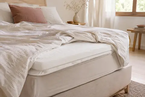 Surmatelas blanc en mousse à mémoire de forme posé sur un lit dans une chambre lumineuse et épurée.