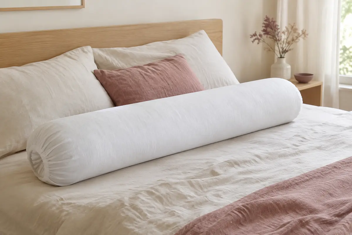 Protège-traversin blanc en coton molletonné de 140 cm, posé sur un lit lumineux aux draps naturels.