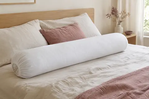 Protège-traversin blanc en coton molletonné de 140 cm, posé sur un lit lumineux aux draps naturels.