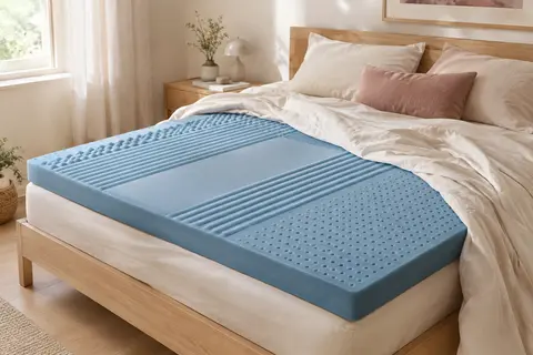Surmatelas bleu LUCID de 5 cm avec cinq zones en relief posé sur un lit clair