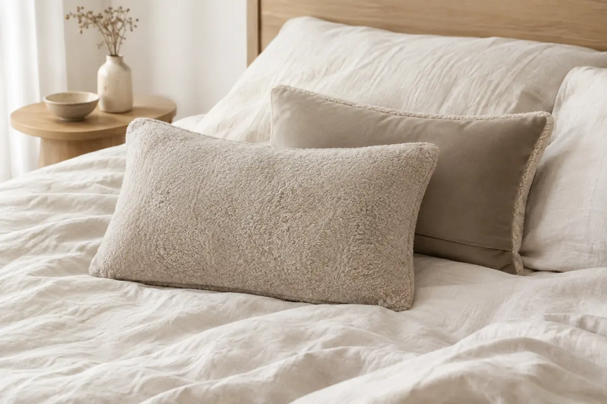 Deux coussins rectangulaires beige à face peluche et dos en velours, posés sur un lit en lin clair.