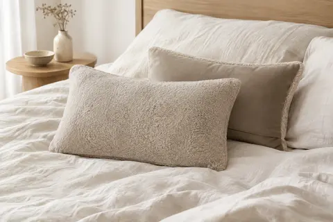 Deux coussins rectangulaires beige à face peluche et dos en velours, posés sur un lit en lin clair.