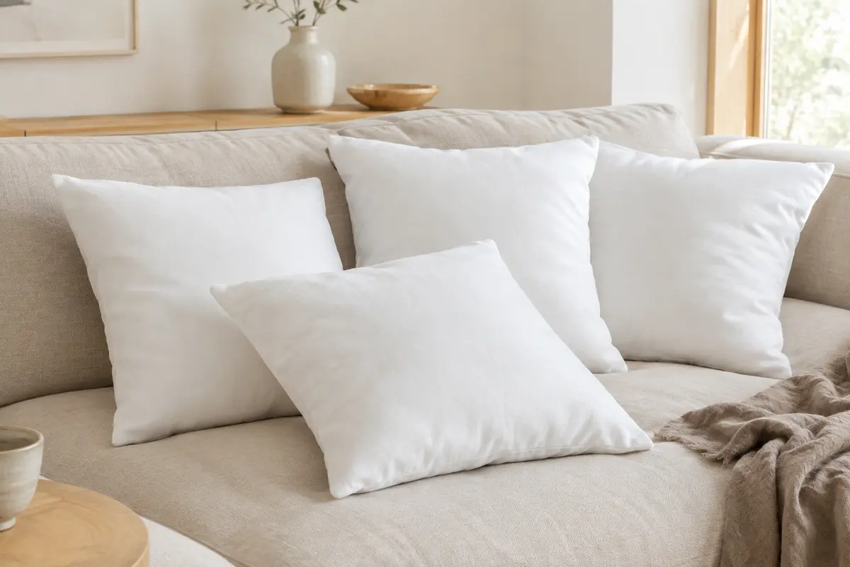 Quatre coussins de garnissage carrés blancs de 45 x 45 cm posés sur un canapé clair.