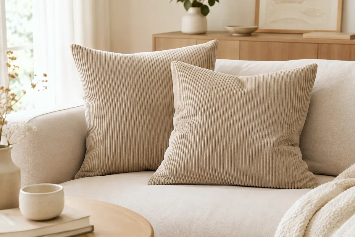 Deux housses de coussin carrées beige en polyester côtelé posées sur un canapé clair.
