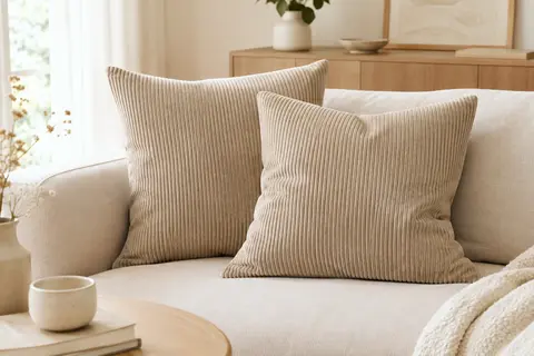 Deux housses de coussin carrées beige en polyester côtelé posées sur un canapé clair.