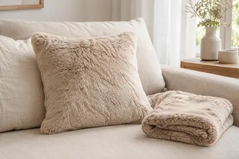 Deux housses carrées beige en fausse fourrure, l’une sur un canapé clair et l’autre pliée à côté.