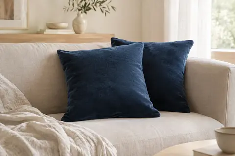 Deux coussins carrés en housses bleu foncé au fini velours, disposés sur un canapé clair.
