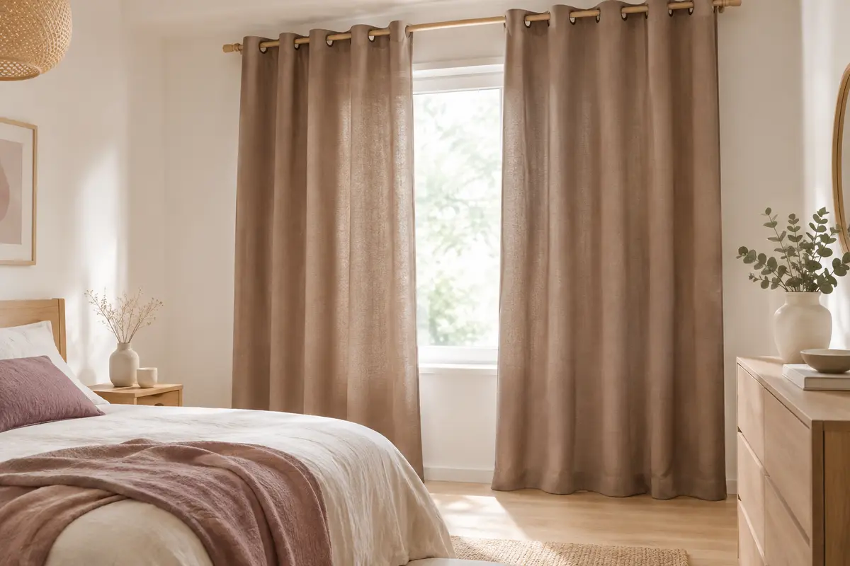 Deux panneaux de rideaux occultants beige foncé à œillets suspendus devant une fenêtre de chambre lumineuse.
