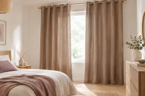 Deux panneaux de rideaux occultants beige foncé à œillets suspendus devant une fenêtre de chambre lumineuse.