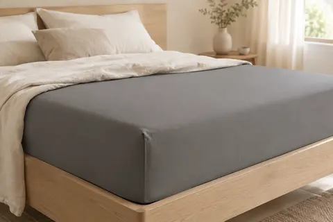 Drap-housse gris uni en microfibre installé sur un matelas dans une chambre lumineuse.