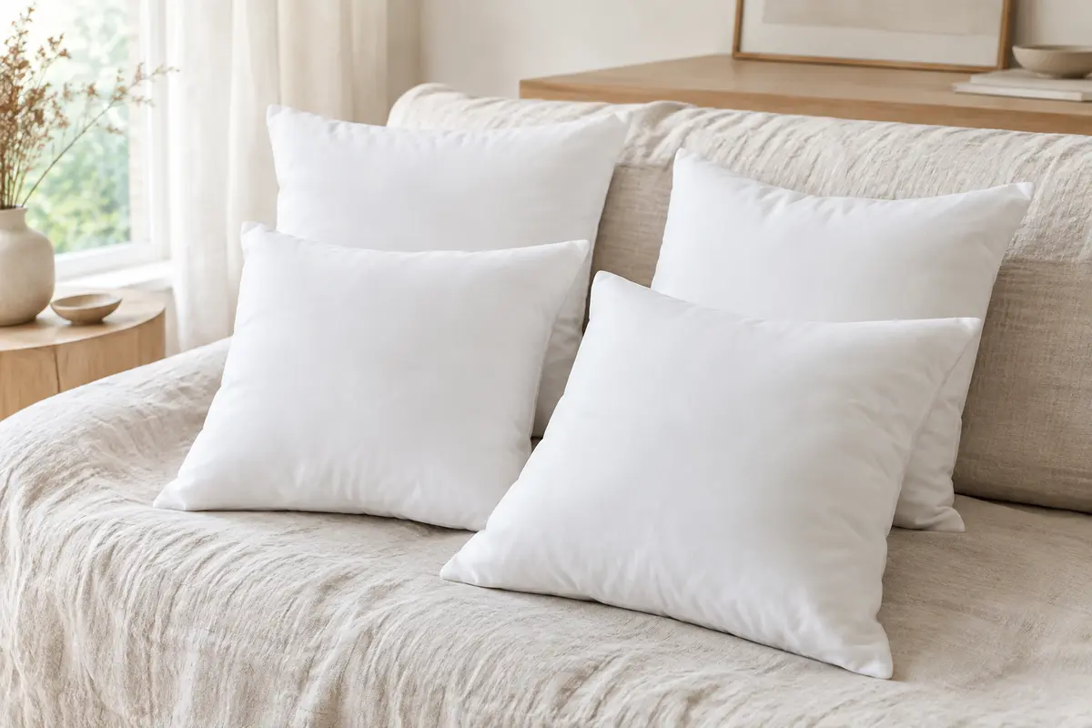Quatre coussins intérieurs carrés blancs posés sur un canapé en lin clair dans une chambre lumineuse.