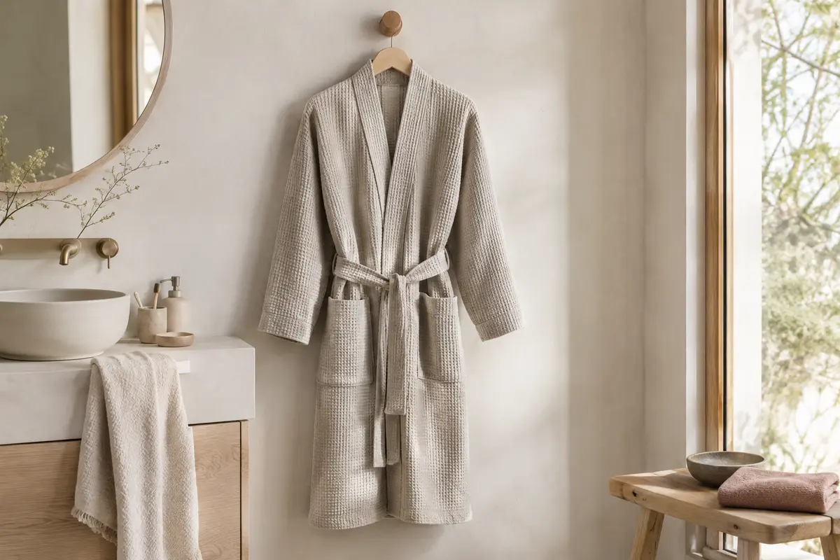 Peignoir homme en coton gaufré avec col kimono, ceinture à nouer et poches avant, dans une salle de bain claire