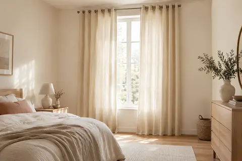 Deux rideaux beige crème à œillets encadrent une fenêtre dans une chambre lumineuse au décor épuré.