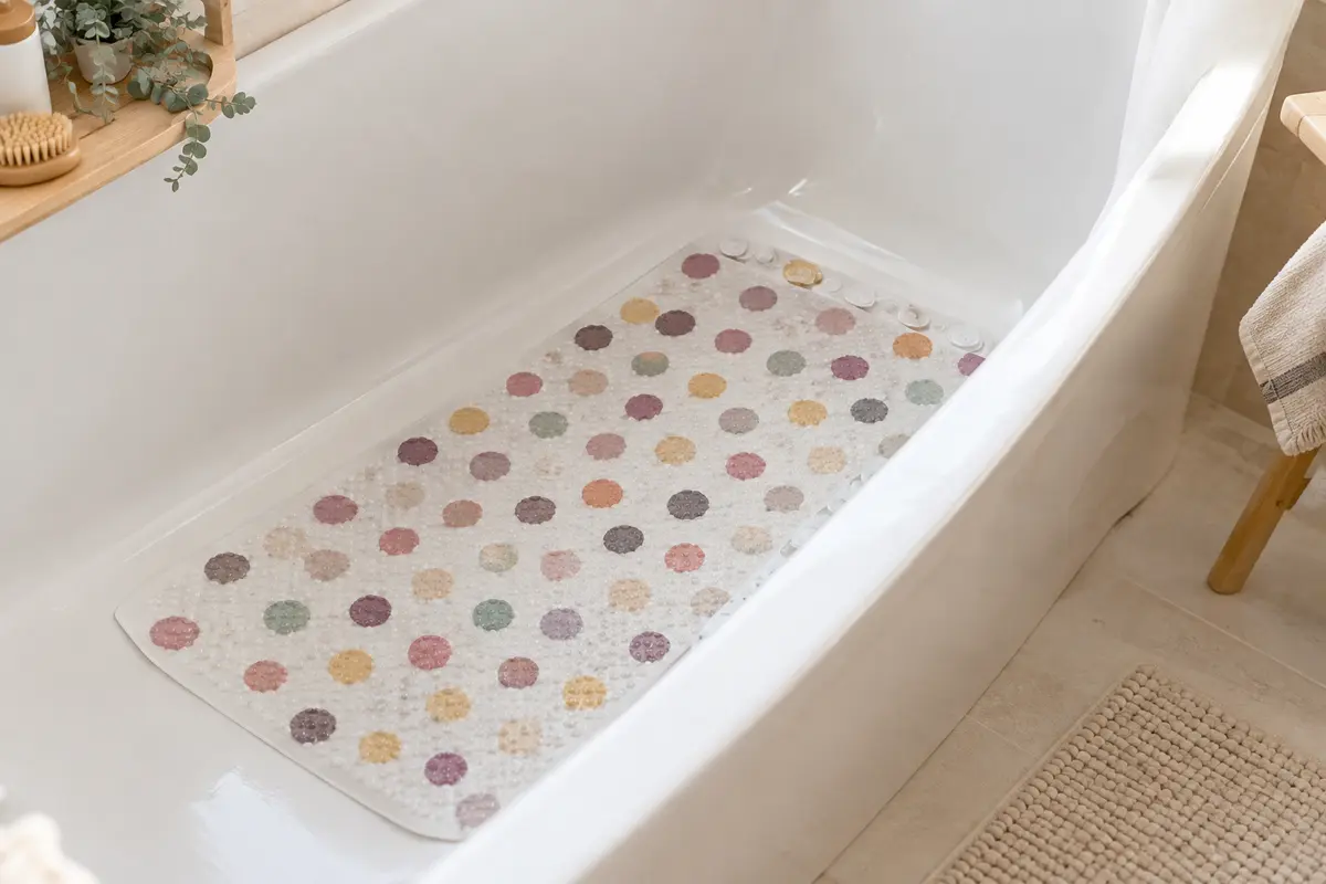 Tapis de bain rectangulaire Munchkin à surface texturée et pois multicolores, posé dans une baignoire claire.