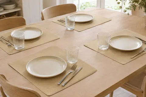 Six sets de table rectangulaires en PVC jaune beige présentés sur une table en bois clair.