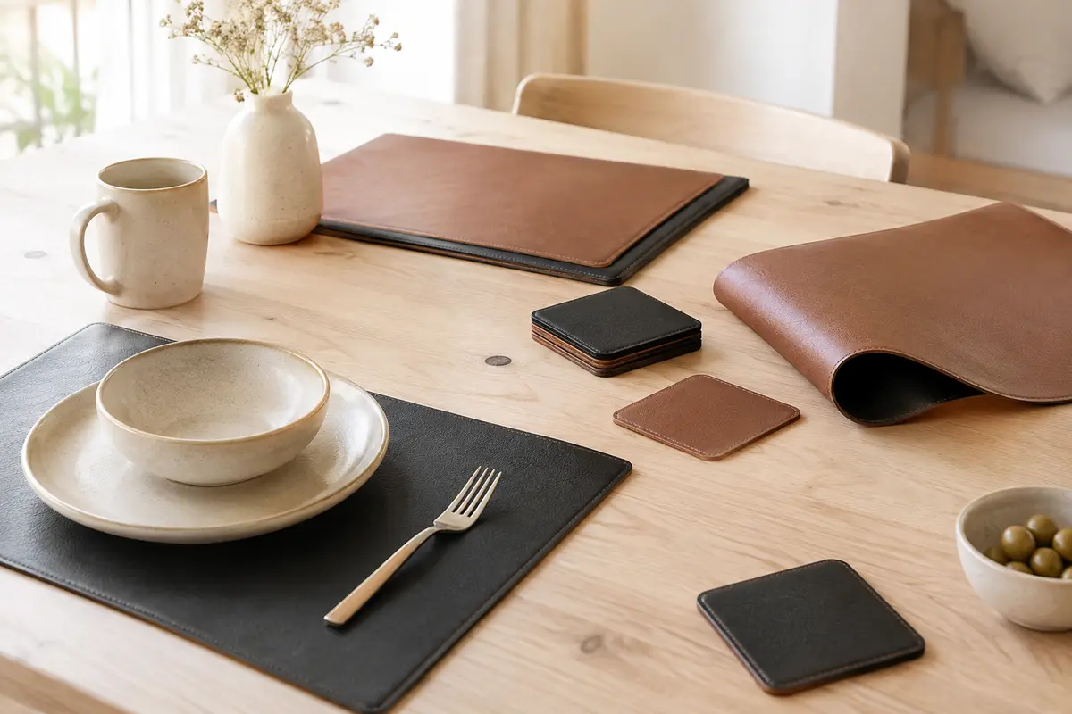 Sets de table réversibles en PVC noir et marron avec dessous de verre assortis sur une table en bois clair.