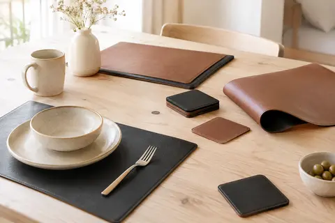 Sets de table réversibles en PVC noir et marron avec dessous de verre assortis sur une table en bois clair.