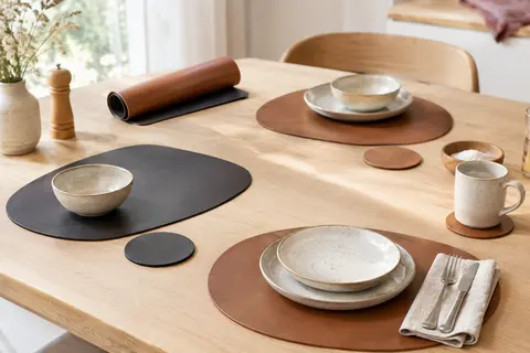 Sets de table ovales réversibles en simili cuir noir et marron avec dessous de verre sur une table claire