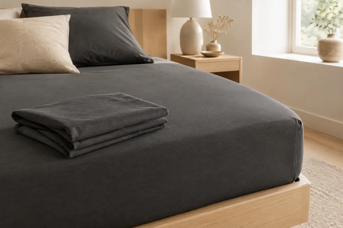 Deux draps-housses en jersey de coton gris anthracite, dont un posé sur un matelas dans une chambre claire.