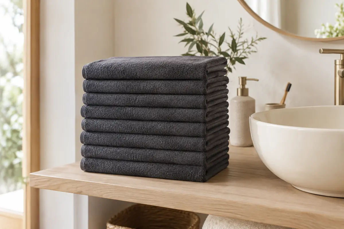 Lot de serviettes en coton gris anthracite pliées sur une étagère en bois clair dans une salle de bain lumineuse.