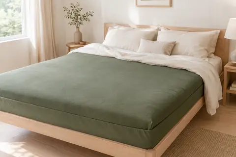 Surmatelas vert en viscose de bambou posé sur un lit clair dans une chambre lumineuse