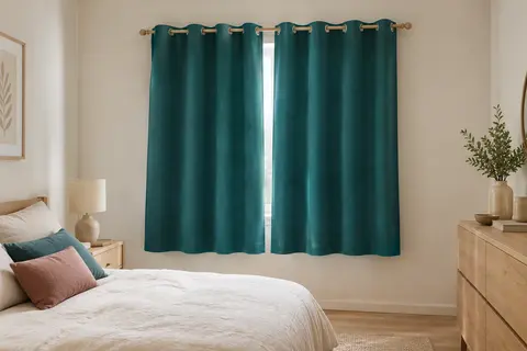 Paire de rideaux occultants bleu sarcelle à œillets installés devant une fenêtre de chambre