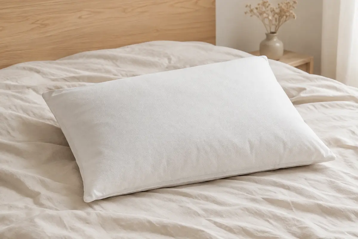 Oreiller blanc rectangulaire NOFFA en mousse à mémoire de forme posé sur un lit aux draps crème