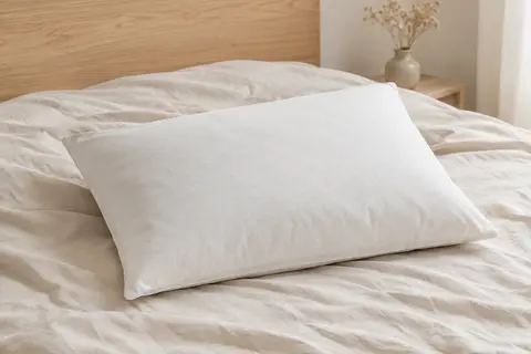 Oreiller blanc rectangulaire NOFFA en mousse à mémoire de forme posé sur un lit aux draps crème