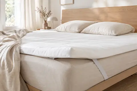 Surmatelas Novilla blanc de 5 cm posé sur un lit clair, avec un coin relevé et une sangle visible.