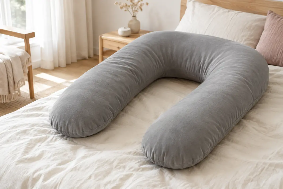 Coussin de grossesse gris en forme de U posé sur un lit aux draps crème froissés