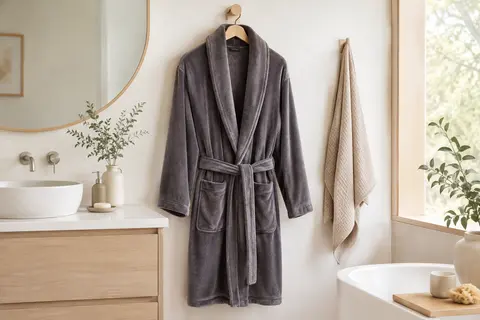 Peignoir en polaire à col châle suspendu dans une salle de bain claire, avec ceinture et poches avant.