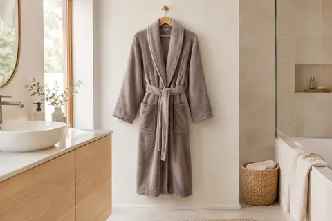 Peignoir en polaire de polyester avec col châle, ceinture réglable et deux poches devant, posé dans une salle de bain lumineuse