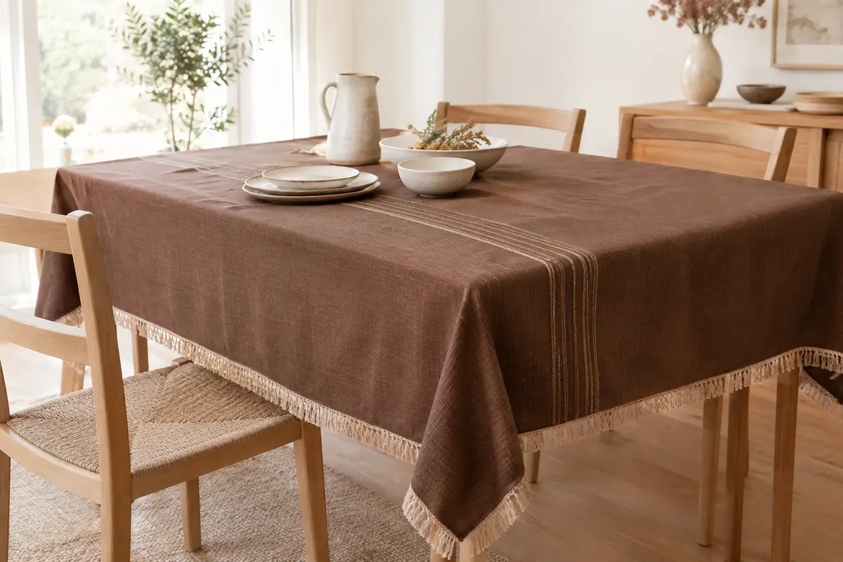 Nappe rectangulaire marron à rayures brodées et franges beiges, posée sur une table en bois clair.