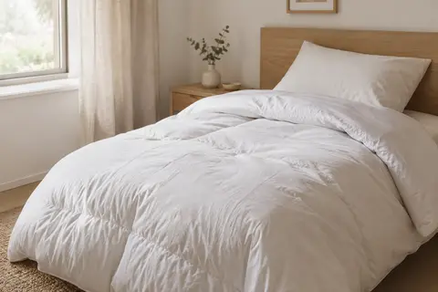 Couette blanche Pikolin de 135 x 200 cm posée sur un lit dans une chambre lumineuse aux tons naturels