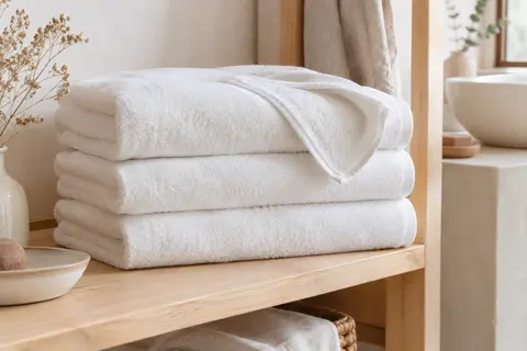 Quatre serviettes de bain blanches en microfibre, pliées sur une étagère en bois clair.