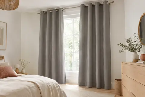 Panneau de rideau occultant gris à œillets installé devant une fenêtre dans une chambre lumineuse.