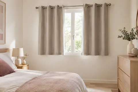 Deux rideaux occultants taupe clair en polyester à œillets, suspendus devant une fenêtre lumineuse.