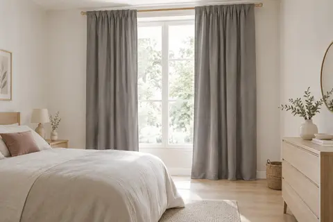 Paire de rideaux gris unis en polyester installés sur une fenêtre dans une chambre lumineuse.